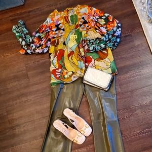 THEORY LEATHER FLARED LEG PANTS (brand Theory)